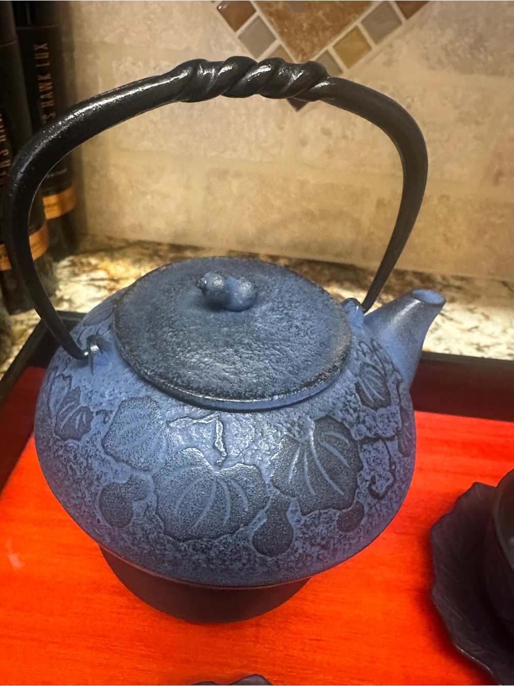 Teavana Blue Cast Iron Teapot & Cups w/Floral Design & Black & Red Lacquer Tray